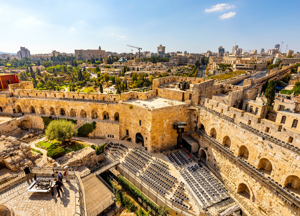 Panoramic view of Jerusalem city center with Mamilla quarter seen from Old City historic quarter in Israel