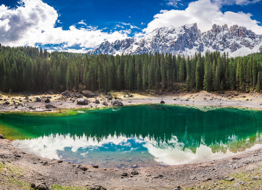Breathtaking view to mountain Carezza lake in Dolomites