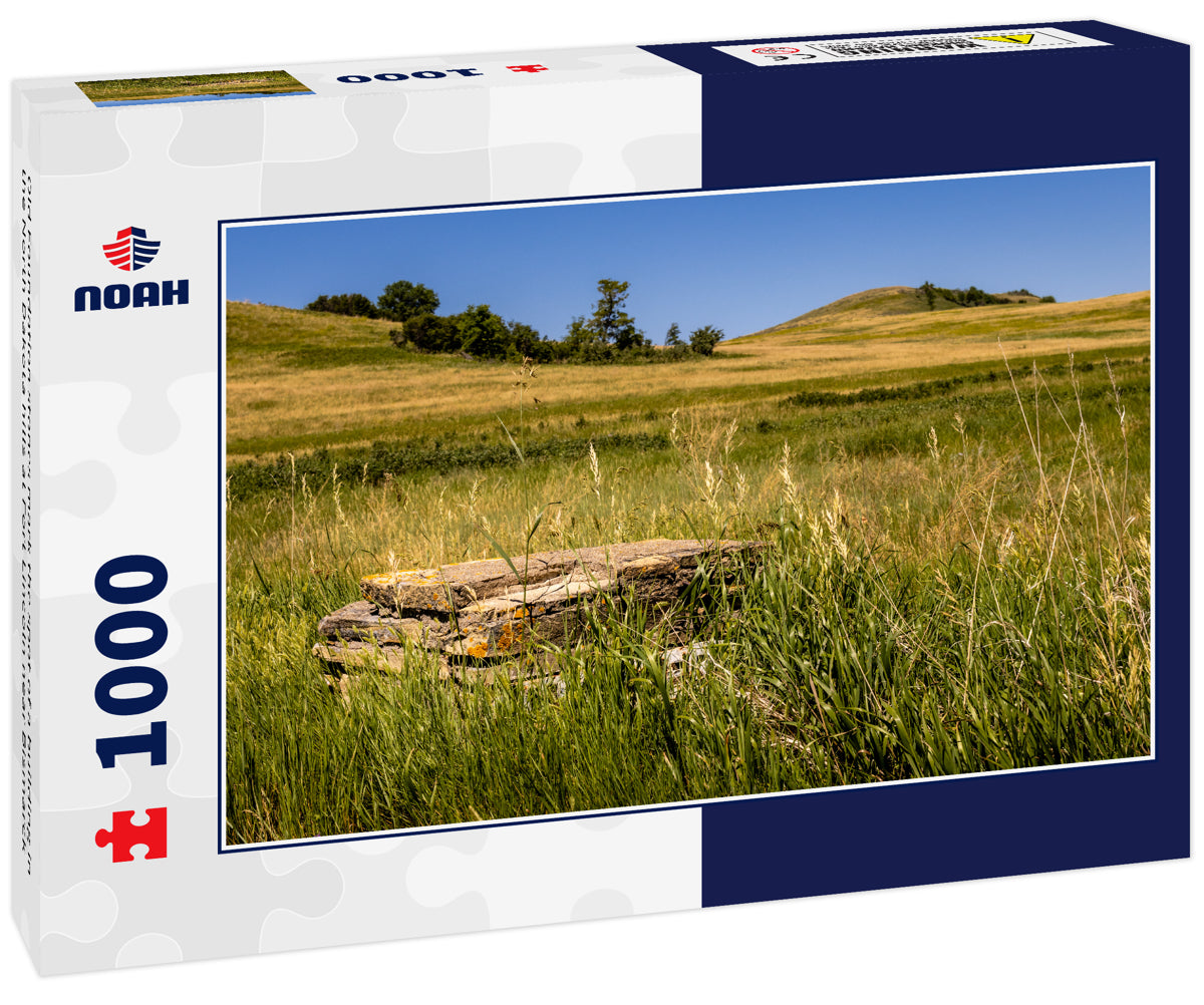 Old Foundation stones mark the spot of a building in the North Dakota hills at Fort Lincoln near Bismarck