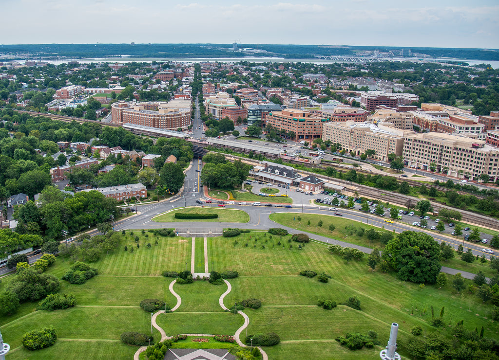 Overlook of old town Alexandria Virginia King Street from the Masonic Temple