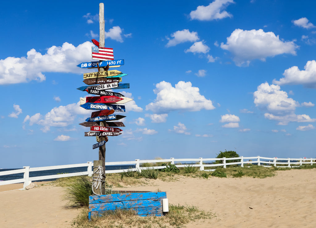 Mile marker signpost at Oceanview Beach in Norfolk, Virginia