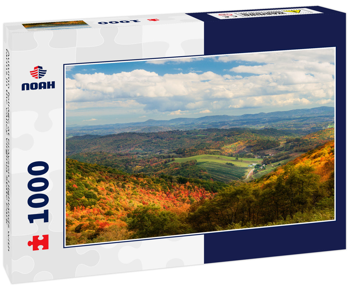 Autumn foliage at Grayson Highlands with farms in the valley Virginia State Park