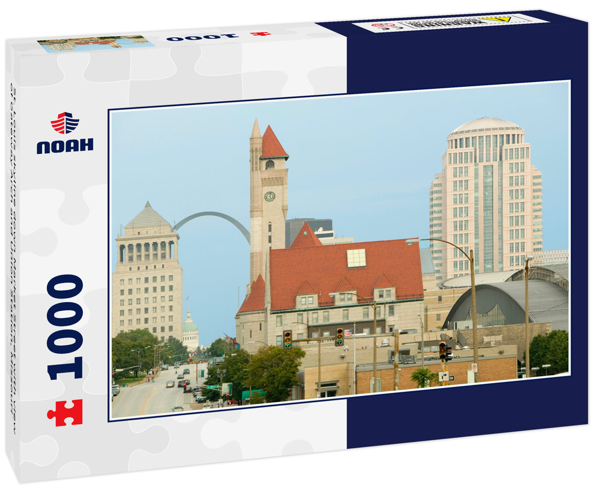 St. Louis skyline down Market Street with view of Gateway Arch and Union Station, Missouri
