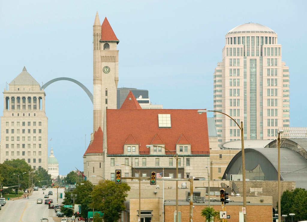 St. Louis skyline down Market Street with view of Gateway Arch and Union Station, Missouri