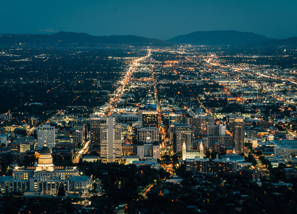 View of the downtown skyline at night, from Ensign Peak, in Salt Lake City, Utah