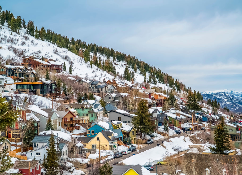 Colorful cabins on a mountain with snow during winter season in Park City Utah