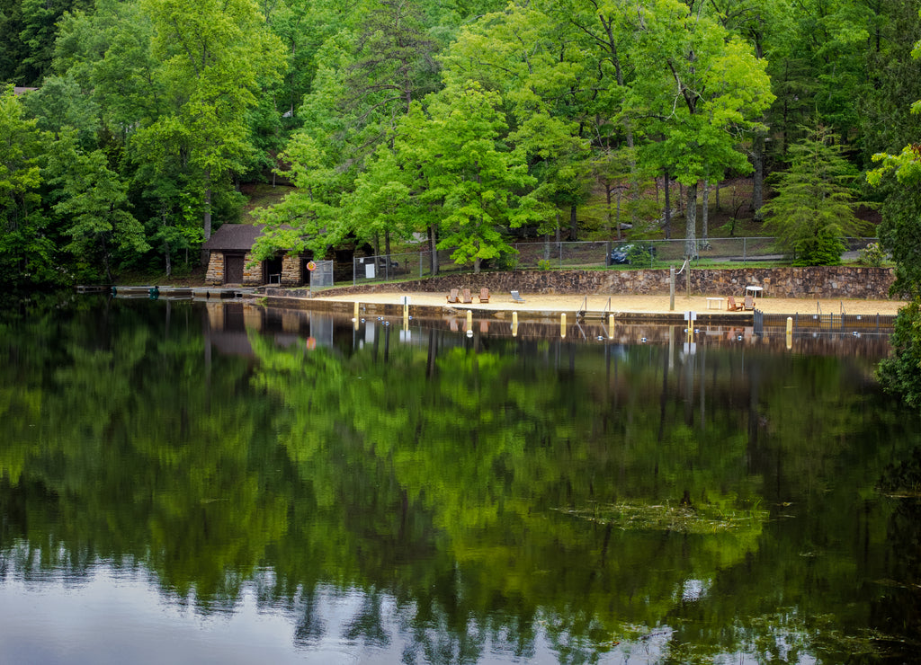 Tennessee Mountain Lake. Appalachian Mountain lake with public beach, boathouse and docks at Pickett State Park in Jamestown, Tennessee