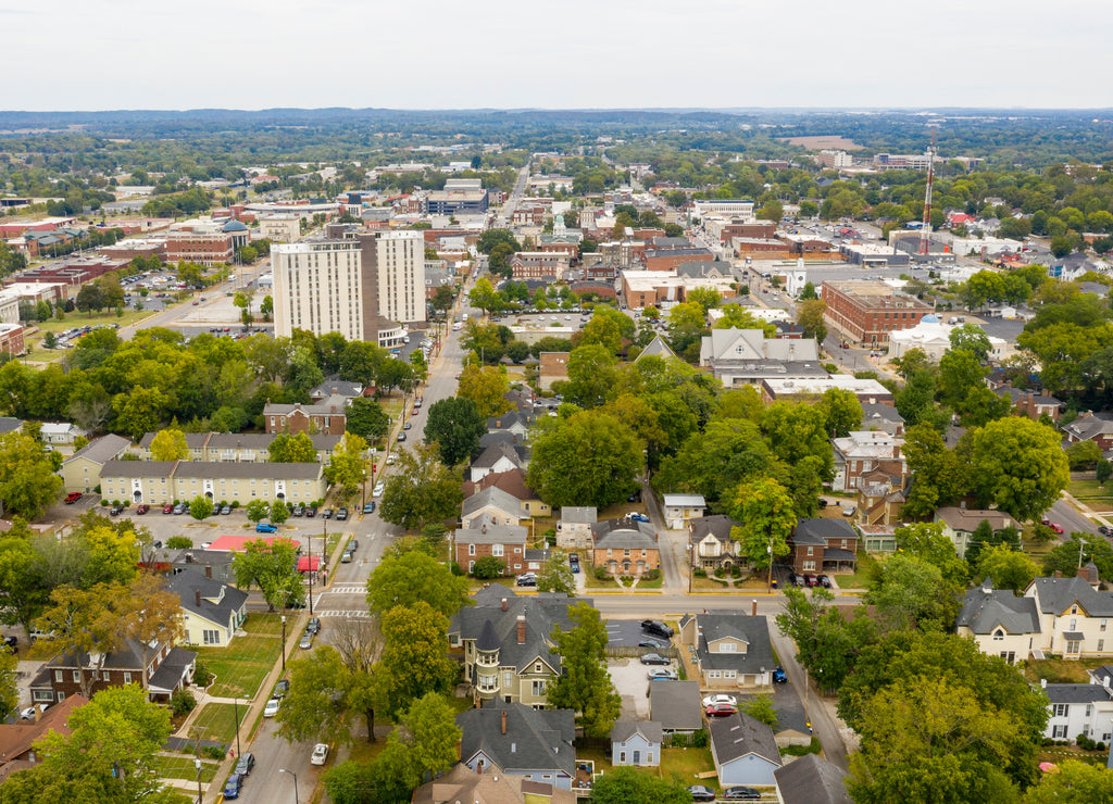 Overcast Day Aerial View over the Urban Downtown Area of Bowling Green Kentucky