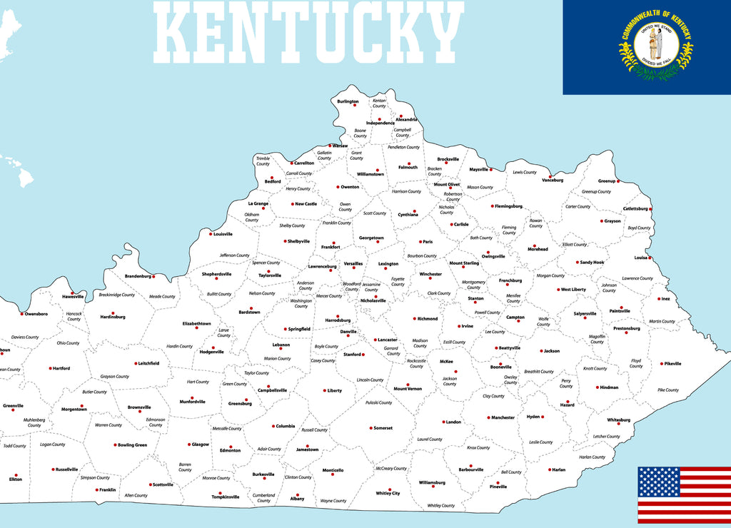 A large and detailed map of the State of Kentucky with all counties and county seats