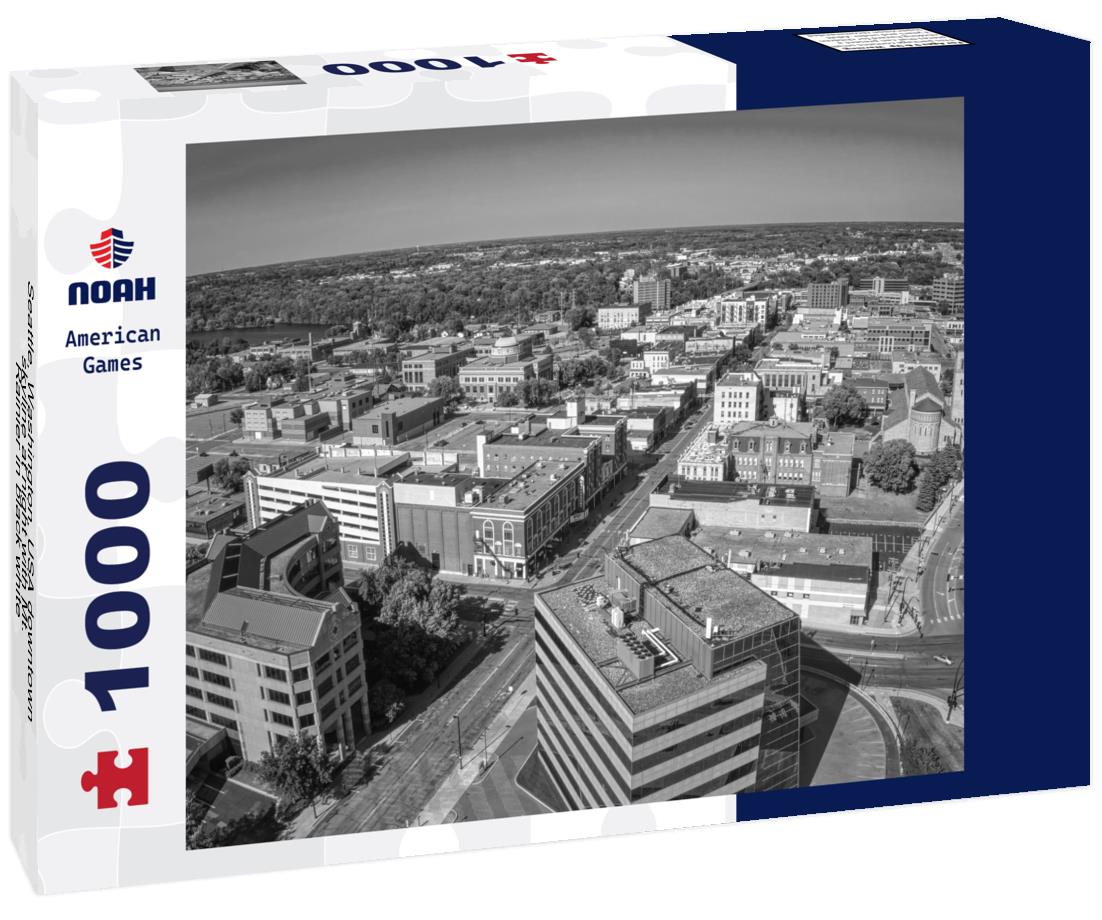 Noah Jigsaw Puzzle Seattle, Washington, USA downtown skyline at night with Mt. Rainier in black white 1000 pieces