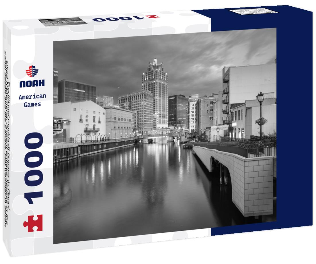 Noah Jigsaw Puzzle Traditional mud-built houses in Gaoui, Chad N'Djamena. Ancient antique houses in the Sahel desert and the Sahara. Hot weather in desert climate at the Chari River in black white 1000 pieces