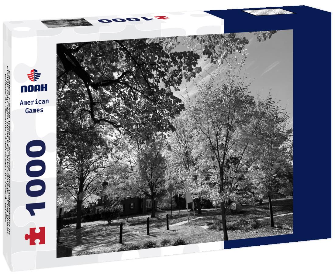 Noah Jigsaw Puzzle Seattle Ferris wheel, skyline and waterfront in sunny day with blue sky and clouds. The great wheel in Seattle downtown in black white 1000 pieces