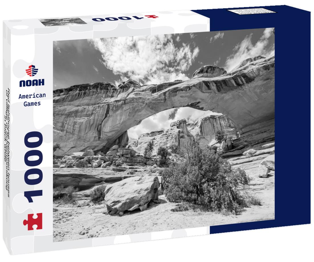 Noah Jigsaw Puzzle Red lighthouse between houses of village of Schiermonnikoog in black white 1000 pieces