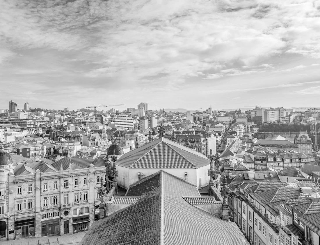 Noah Jigsaw Puzzle Aerial view of the old town of Porto, Portugal, from the Clerigos Church tower, beside the Douro River. in black white 1000 pieces