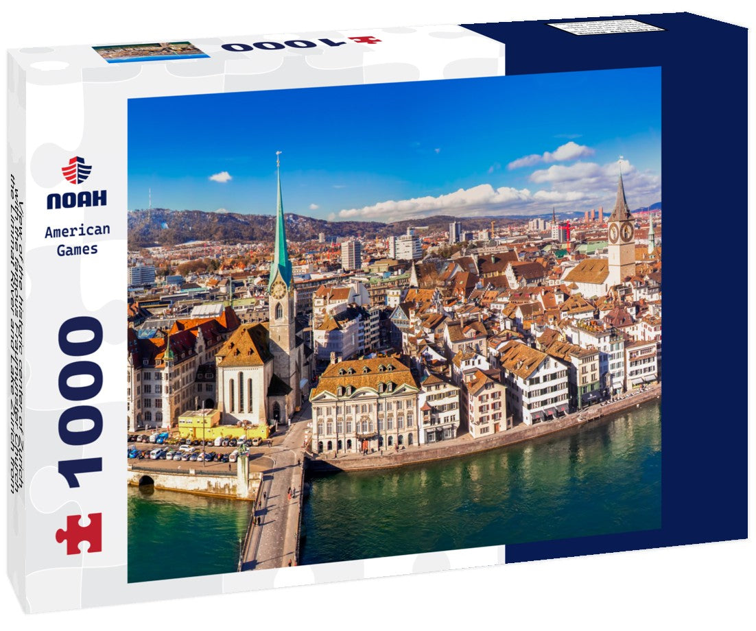 The historic center of Zurich is viewed from the Grossmünster Church, featuring the Fraumünster Church, Limmat River, and Lake Zurich, Switzerland. 1000pc PuzzleBlack and White