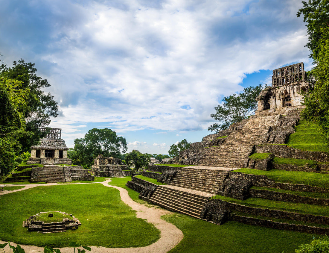The Temple of the Cross Group is visible at the ruins of Palenque, Chiapas, Mexico. 1000pc PuzzleBlack and White