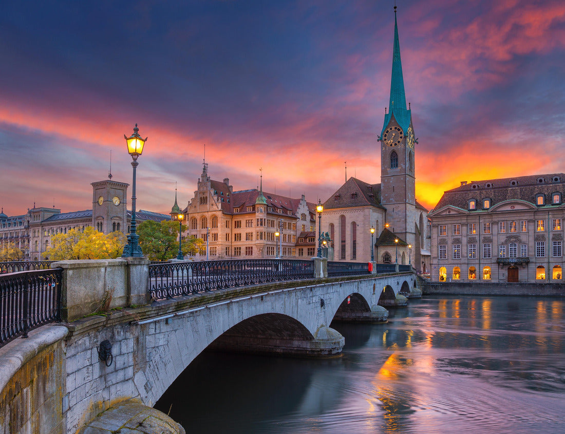 Cityscape of Zurich, Switzerland at a dramatic sunset. 1000pc PuzzleBlack and White