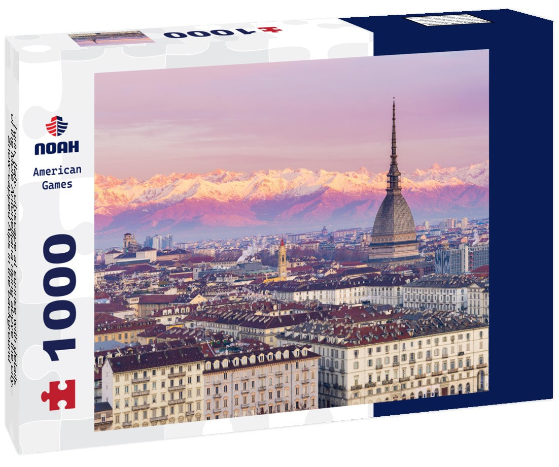 Noah Jigsaw Puzzle Turin, Italy: cityscape at sunrise with details of the Mole Antonelliana rising above the city. Snow-capped Alps in the background 1000 pieces