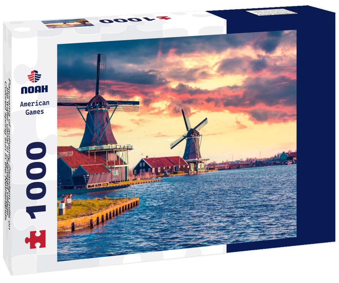 Noah Jigsaw Puzzle Panorama of authentic Zaandam mills on the water canal in Zaanstad village. Colored spring sun in the Netherlands 1000 pieces