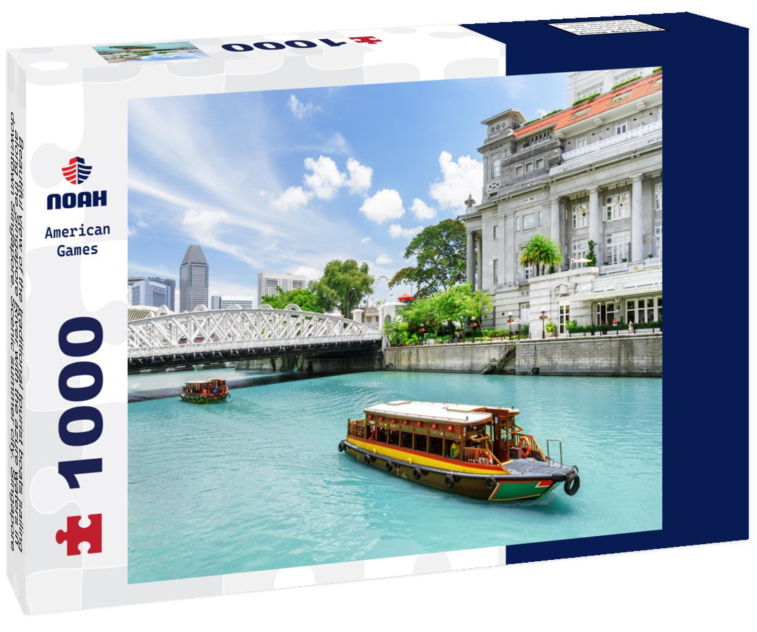 Noah Jigsaw Puzzle Beautiful view of the traditional tourist boats sailing along the Singapore River with the azure waters in downtown Singapore. Scenic summer city. Singapore is a popular tourist destination in Asia 1000 pieces