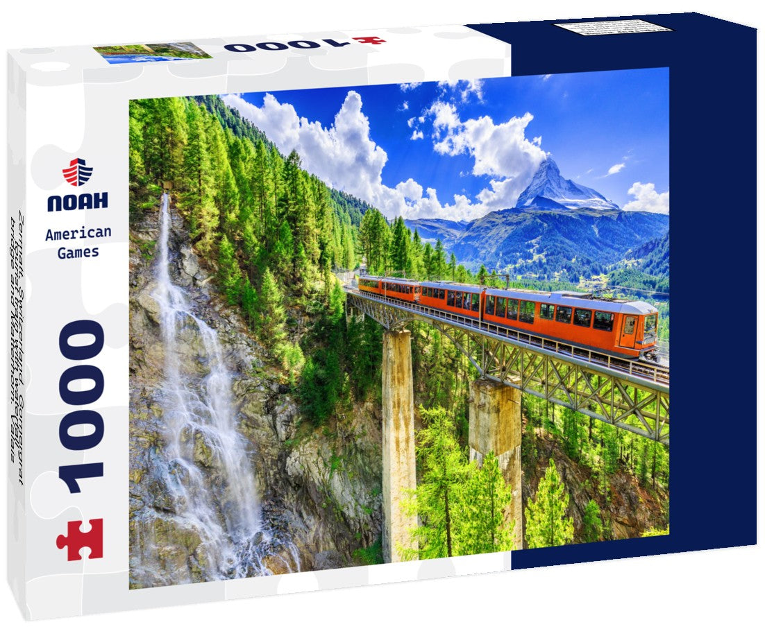 Noah Jigsaw Puzzle Zermatt, Switzerland. Gornergrat tourist train with waterfall, bridge and Matterhorn. Valais 1000 pieces