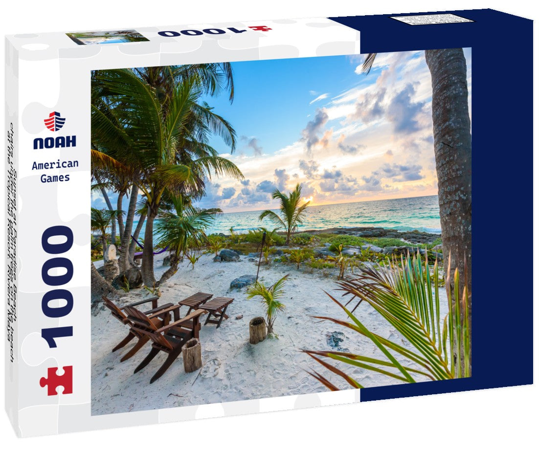 Noah Jigsaw Puzzle Sunset at Paradise Beach - chairs under the palm trees on the beach at the Tropical Resort. Riviera Maya - Caribbean coast in Tulum in Quintana Roo, Mexico 1000 pieces