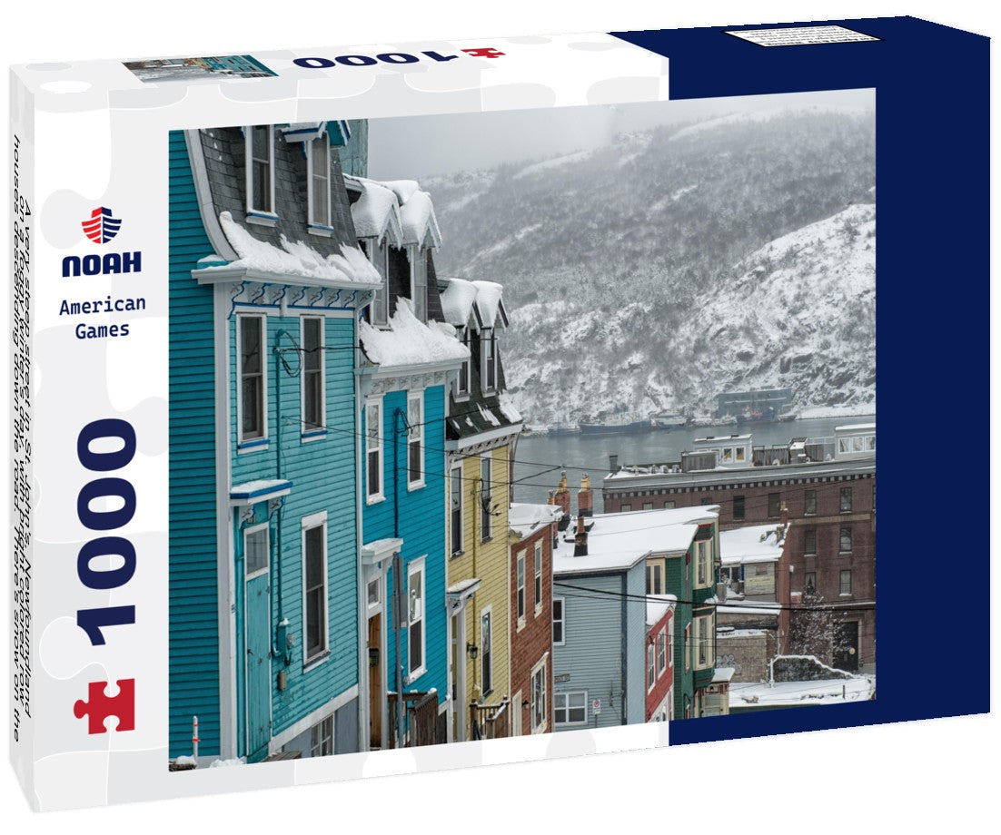 Noah Jigsaw Puzzle A very steep street in St. John's, Newfoundland, on a foggy winter's day, with bright colored row houses descending down the road. There's snow on the hillside in the background and a smooth harbor 1000 pieces