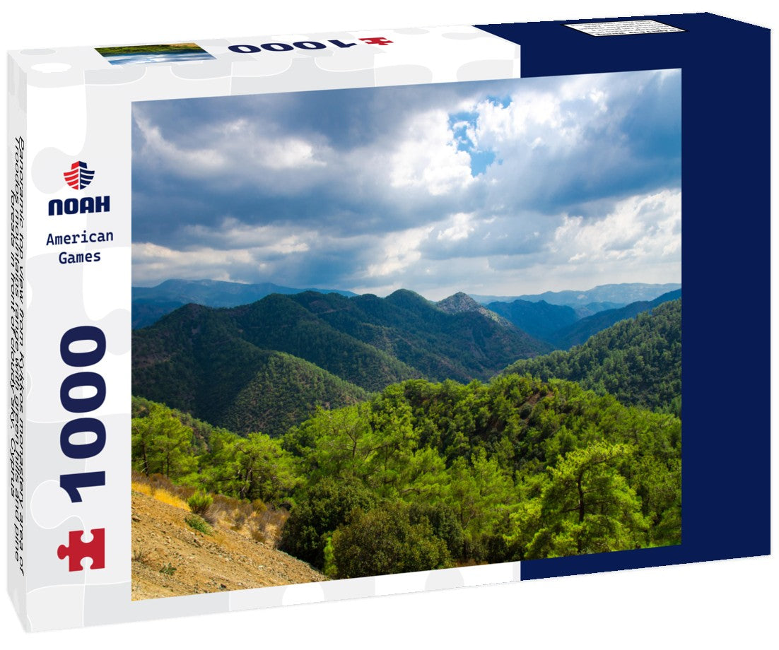 Noah Jigsaw Puzzle Panoramic top view from Kykkos monastery area of Troodos mountains range with green hills and pine forests in front of cloudy sky, Cyprus 1000 pieces