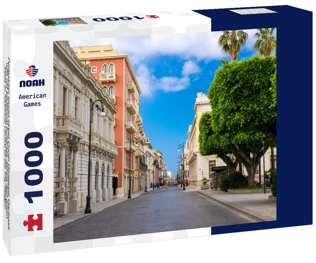 Noah Jigsaw Puzzle Pedestrian tourist street Corso Giuseppe Garibaldi with old traditional buildings, lamps and green trees in historical centre of the city Reggio di Calabria, Southern Italy 1000 pieces