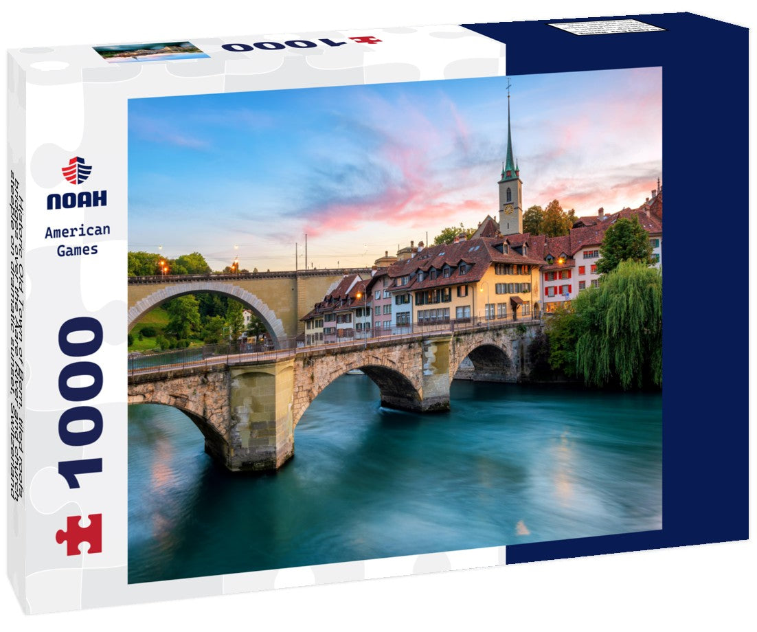 Noah Jigsaw Puzzle Historic Old Town of Bern, tiled roofs, bridges over the Aare River and church steeple on dramatic sunset, Switzerland 1000 pieces