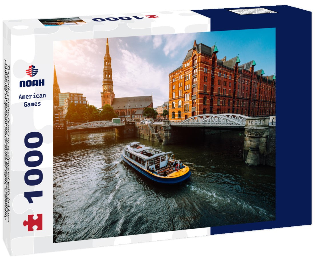 Noah Jigsaw Puzzle Touristic cruise boat on a channel with bridges in the old warehouse district Speicherstadt in Hamburg in golden hour sunset light, Germany 1000 pieces
