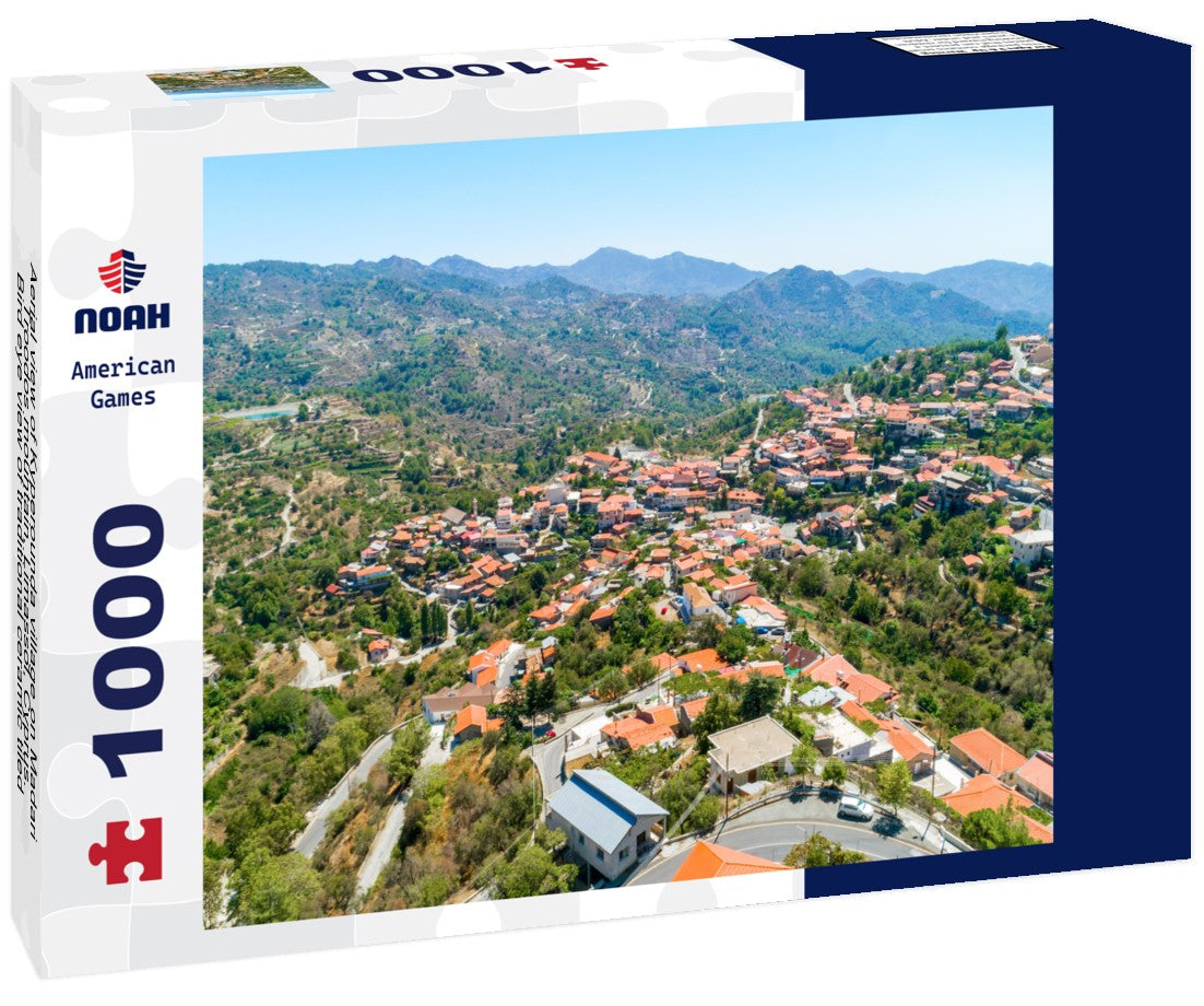 Noah Jigsaw Puzzle Aerial view of Kyperounda village on Madari, Troodos mountain, Limassol, Cyprus. Bird eye view of traditional ceramic tiled roof houses, countryside, valley and church 1000 pieces