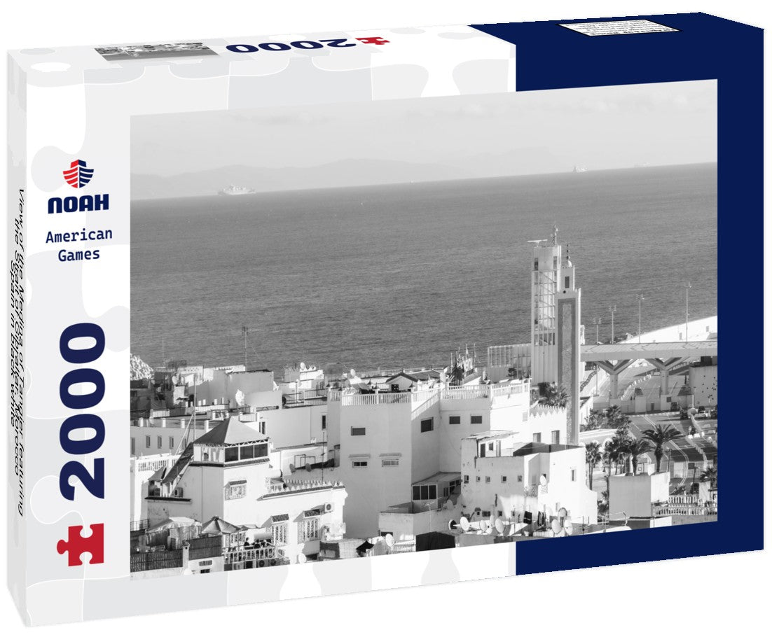Noah Jigsaw Puzzle View of the Medina of Tangier featuring the Strait of Gibraltar, Morocco, Spain in black white 2000 pieces