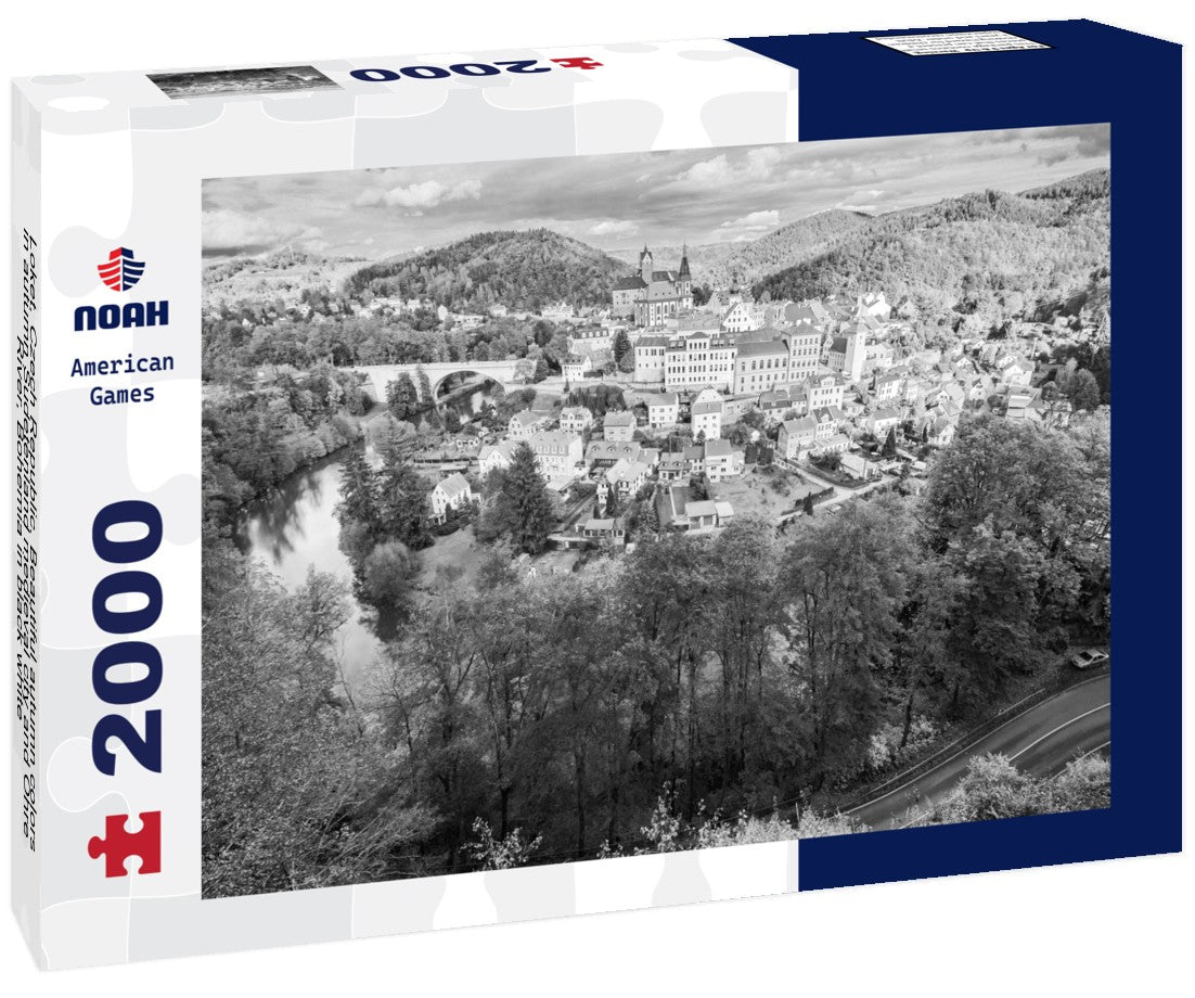 Noah Jigsaw Puzzle Loket, Czech Republic. Beautiful autumn colors in autumn Sudetenland medieval city and Ohre River, Bohemia in black white 2000 pieces