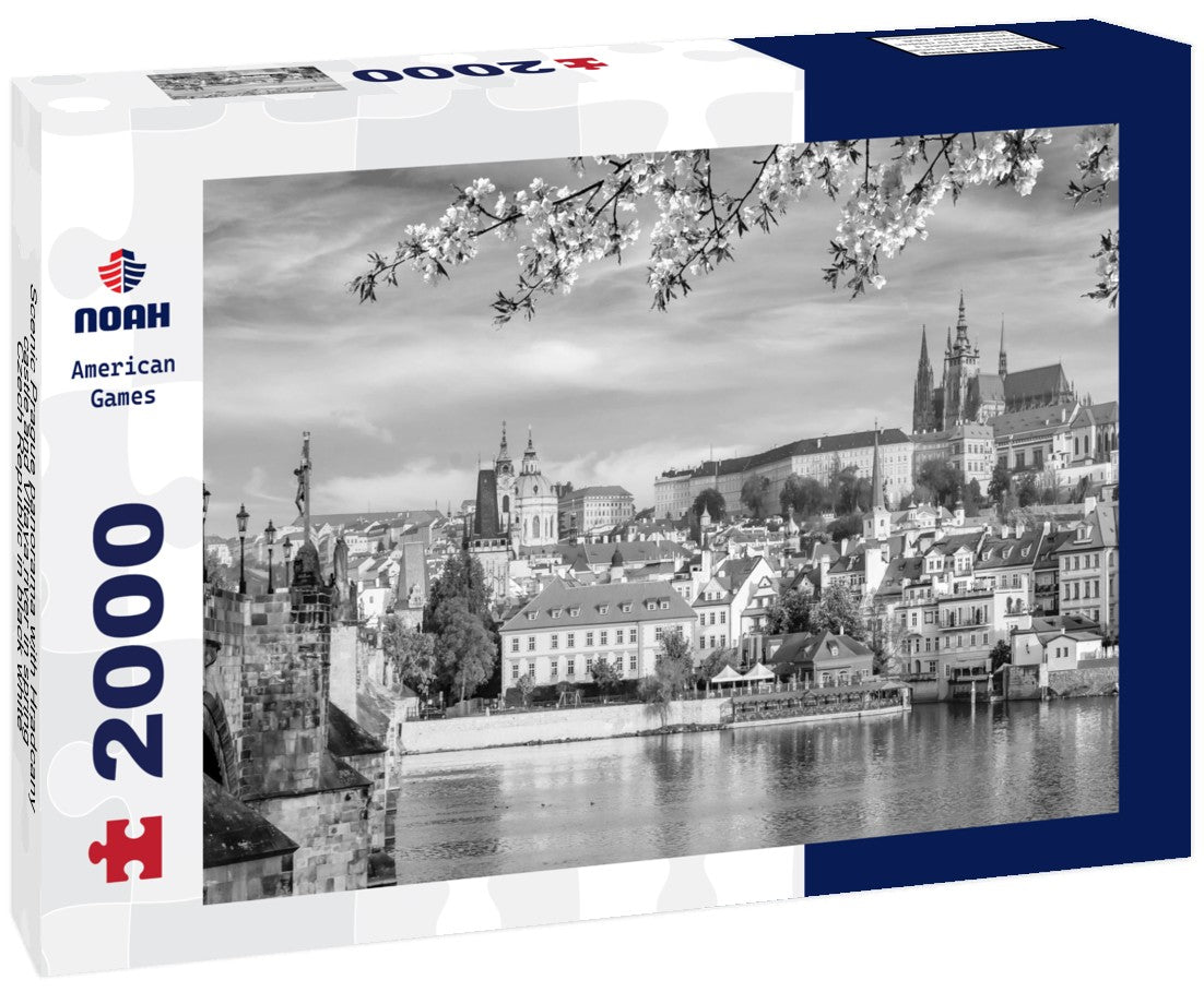 Noah Jigsaw Puzzle Scenic Prague panorama with Hradcany castle and Vltava river in spring, Czech Republic in black white 2000 pieces