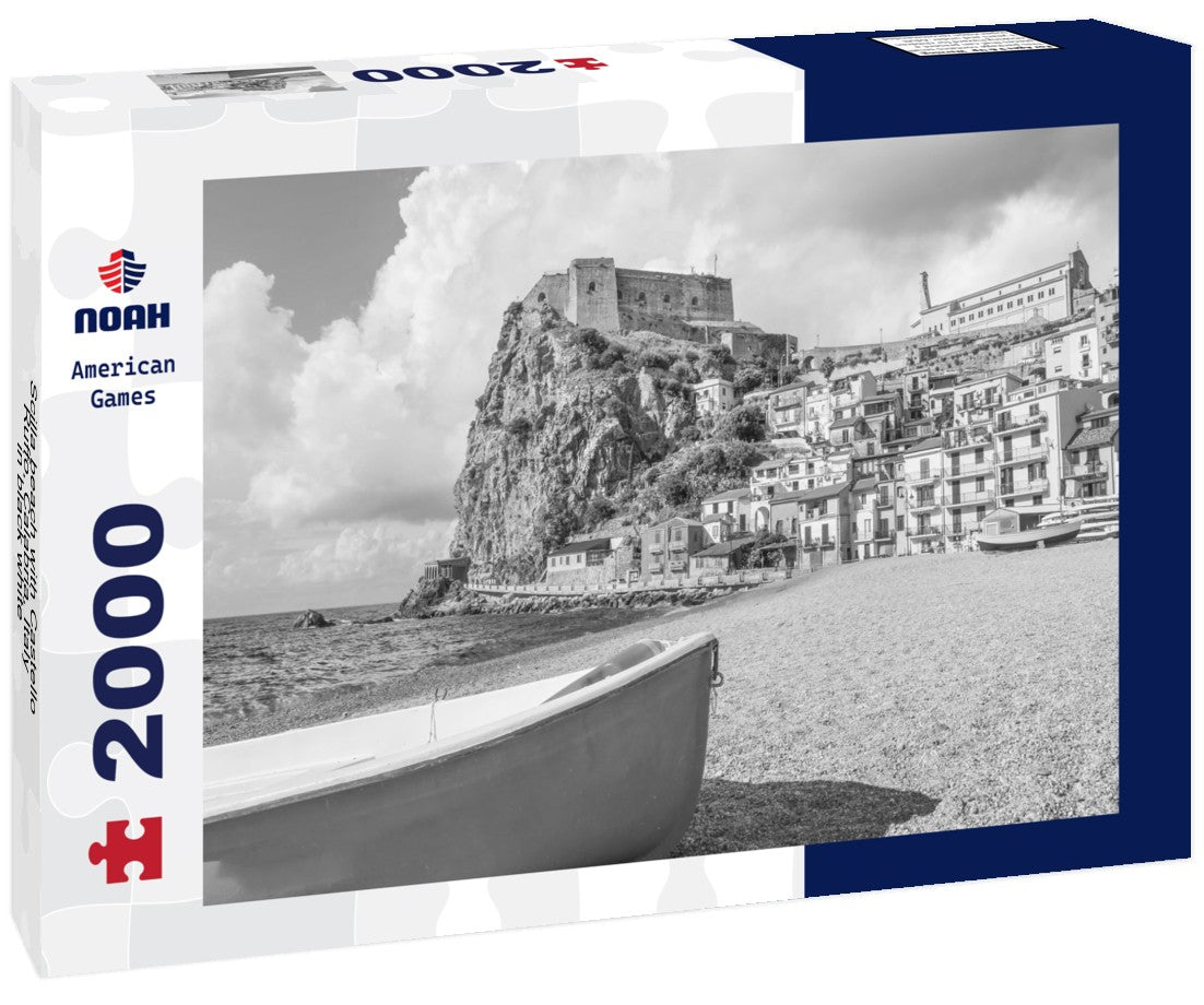 Noah Jigsaw Puzzle Scilla beach with Castello Ruffo, Calabria, Italy in black white 2000 pieces