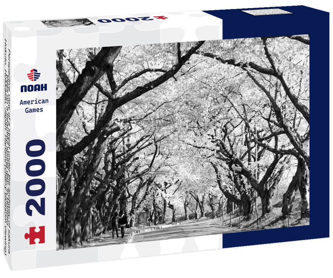 Noah Jigsaw Puzzle Perspective view of a street under the archway of sakura trees on a beautiful spring day, in Honcho, Hokuto, Hokkaido, Japan. Hanami (cherry blossom viewing) is a popular activity in Japan in black white 2000 pieces