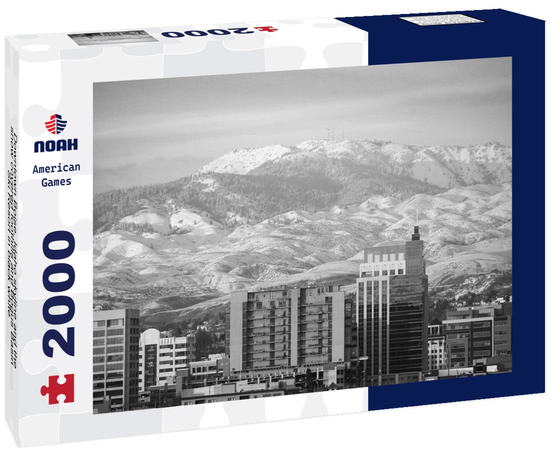 Noah Jigsaw Puzzle Downtown Boise, Idaho skyline and the snow covered foothills and Bogus Basin Ski Resort in black white 2000 pieces