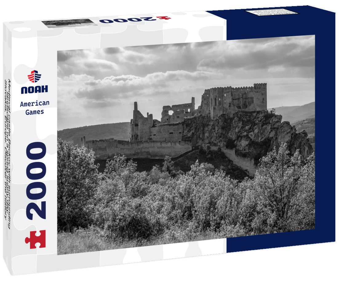 Noah Jigsaw Puzzle Medieval castle Beckov with surrounding landscape on a spring sunny day, Slovakia, Europe. Discover the history of European castles in black white 2000 pieces