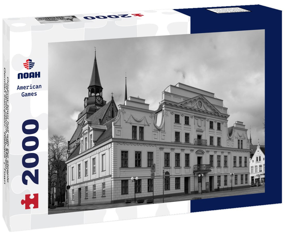 Noah Jigsaw Puzzle Güstrow town hall with the steeple of parish church “St. Marien” - German inscription: “Rathaus” (“Town Hall”) in black white 2000 pieces