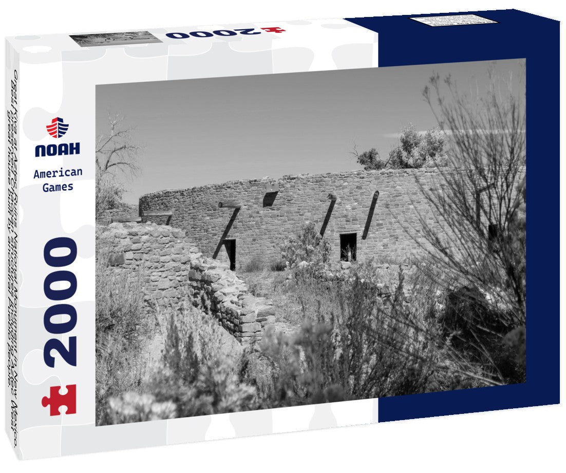 Noah Jigsaw Puzzle Great Kiva at Aztec Ruins National Monument in New Mexico. Best preserved Chacoan structures including Aztec West great house built by ancestral Pueblo people. Reconstructed kiva, religious site in black white 2000 pieces