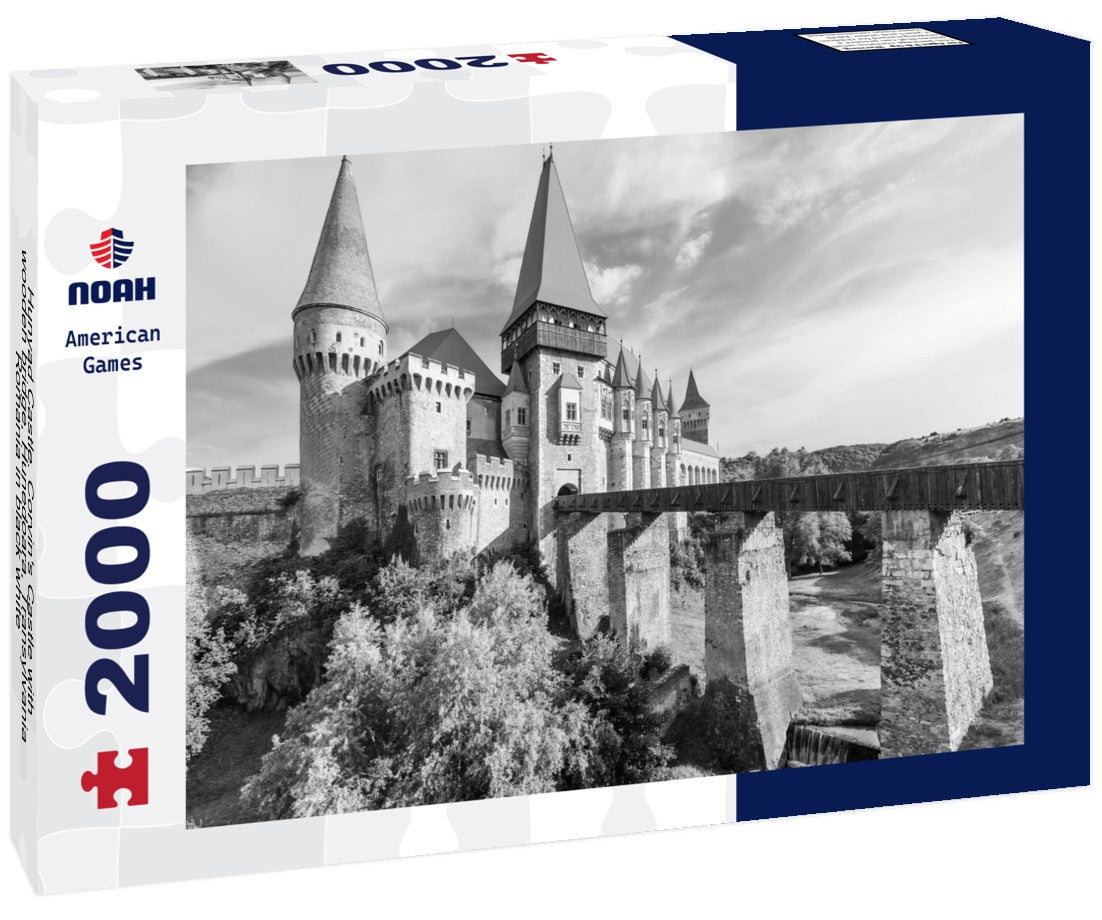 Noah Jigsaw Puzzle Hunyad Castle. Corvin's Castle with wooden bridge, Hunedoara, Transylvania, Romania in black white 2000 pieces