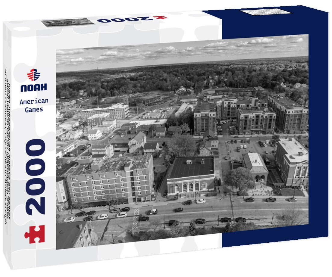 Noah Jigsaw Puzzle North Attleborough historic city center aerial view in fall on Washington Street at town common, city of North Attleborough, Massachusetts MA in black white 2000 pieces