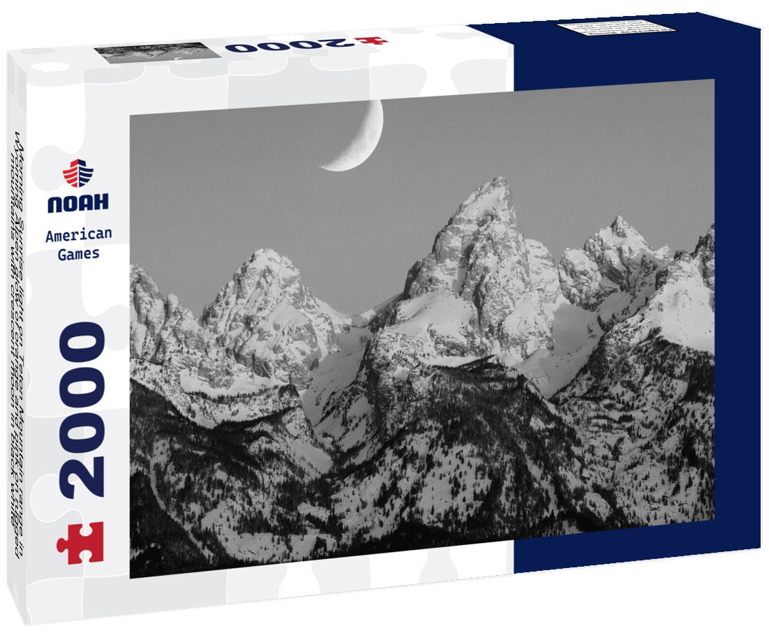 Noah Jigsaw Puzzle Morning Sunrise light on Teton Mountain range in Wyoming Alpen glow of orange and pink on rugged mountains with crescent moon in black white 2000 pieces