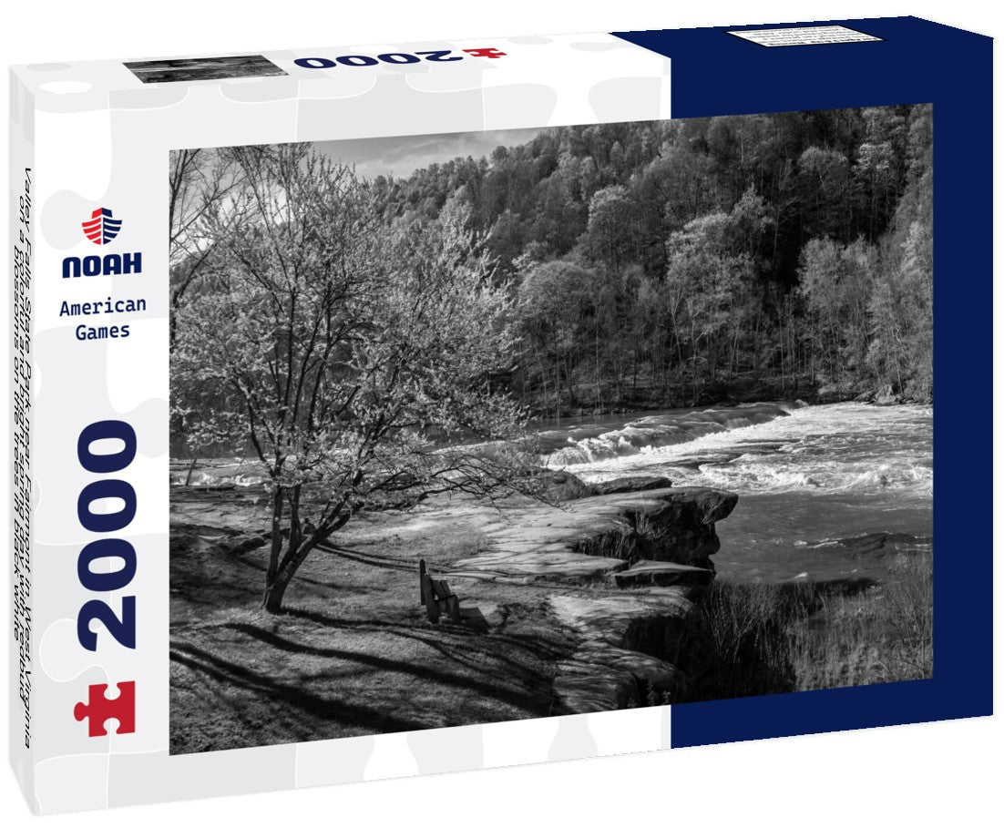 Noah Jigsaw Puzzle Valley Falls State Park near Fairmont in West Virginia on a colorful and bright spring day with redbud blossoms on the trees in black white 2000 pieces