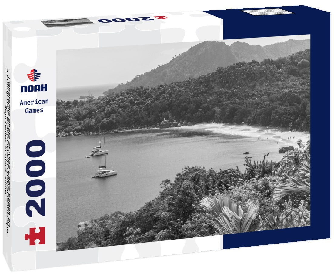 Noah Jigsaw Puzzle Panoramic photo of Anse Lazio beach on a sunny day. Praslin island coastal landscape, Seychelles in black white 2000 pieces
