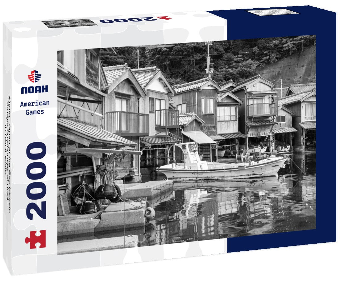 Noah Jigsaw Puzzle Kyoto, Japan at Ine Bay historic funaya boathouses at dusk in black white 2000 pieces