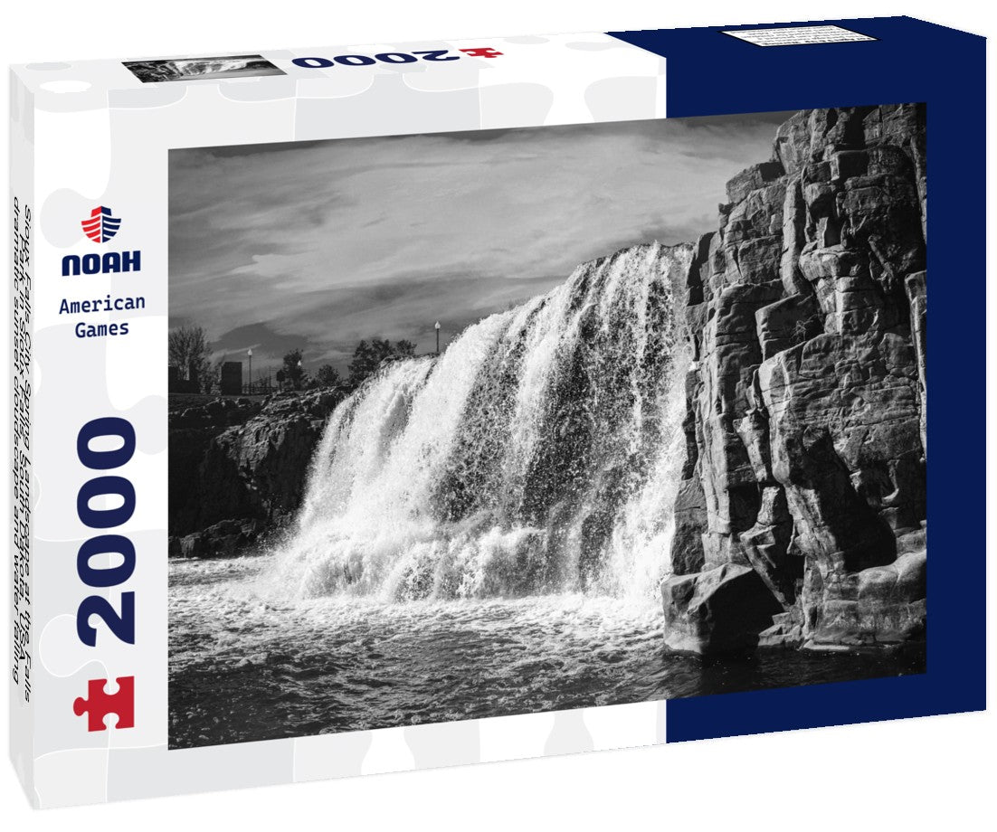 Noah Jigsaw Puzzle Sioux Falls City Spring Landscape at the Falls Park in Sioux Falls, South Dakota, USA, dramatic sunset cloudscape and water falling in the Big Sioux River in black white 2000 pieces