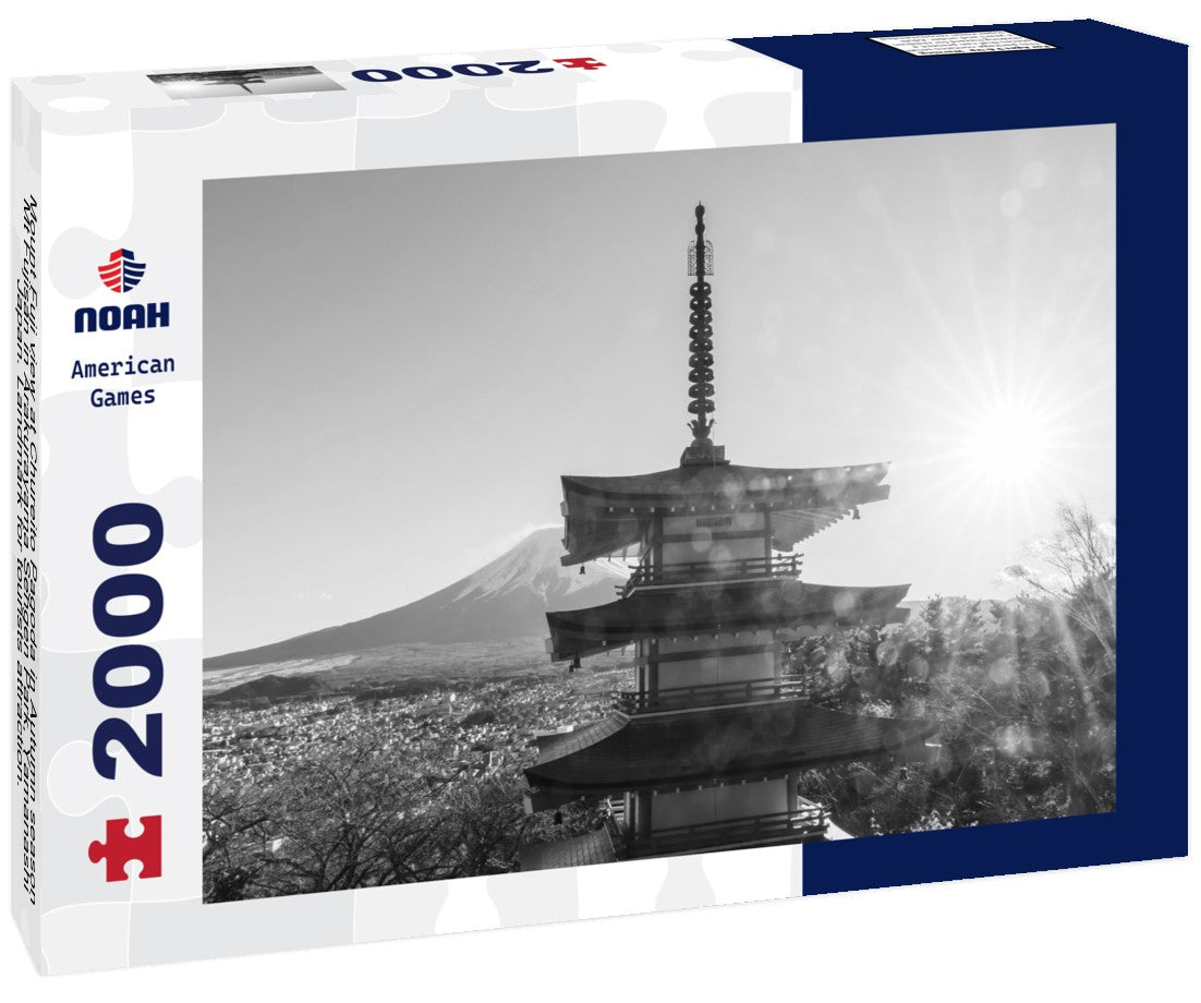 Noah Jigsaw Puzzle Mount Fuji view at Chureito Pagoda in Autumn season, Mt Fujisan in Arakurayama Sengen Park, Yamanashi, Japan. Landmark for tourists attraction. Japan Travel, Destination, Vacation and Mount Fuji Day in black white 2000 pieces
