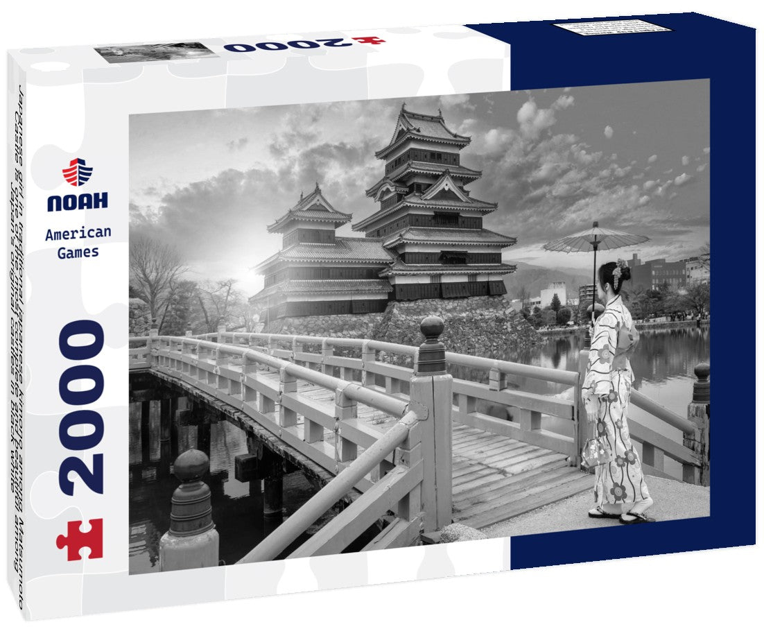 Noah Jigsaw Puzzle Japanese girl in traditional japanese kimono among Matsumoto Castle is one of the most complete and beautiful among Japan's original castles in black white 2000 pieces